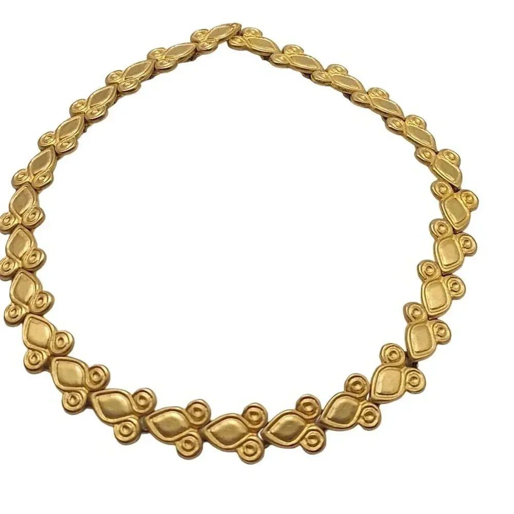 Matte Gold Tone Spiral Leaf Statement Long Necklace Hook Closure 14In Vintage